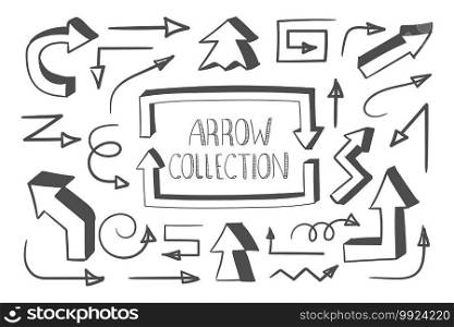 Doodle vector arrows. Collection of hand drawn arrows. Handmade sketch. Arrows icons set. Hand drawn pointers. Vector illustration