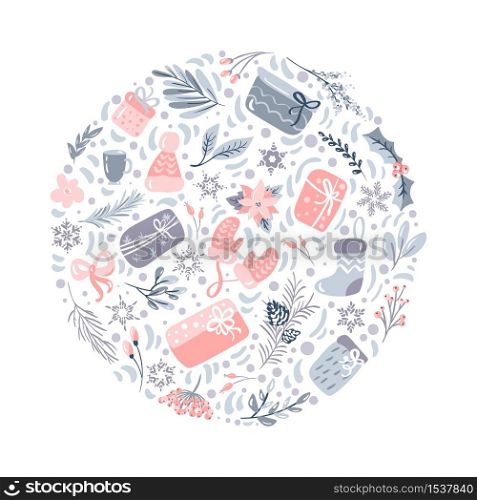 Doodle vector Christmas design elements. Hand drawn illustration gift, hat, mup, mittens, snowflakes. Round backgroun for greeting card, poster.. Doodle vector Christmas design elements. Hand drawn illustration gift, hat, mup, mittens, snowflakes. Round backgroun for greeting card, poster
