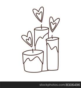 Doodle vector drawing of three burning candles with hearts. Valentines day illustration. Design element for creating valentines, gift tags, greeting cards on Febrary 14.