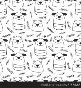 Doodle vector line dogs and bears seamless pattern. Background teddy character mascot hug illustration. Doodle vector line dogs and bears seamless pattern