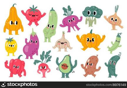 Doodle vegetable characters. Funny veggie mascots, healthy vegan food grocery product with cute kawaii cartoon faces vector illustration set. Harvest nutritious ingredients with smiles. Doodle vegetable characters. Funny veggie mascots, healthy vegan food grocery product with cute kawaii cartoon faces vector illustration set