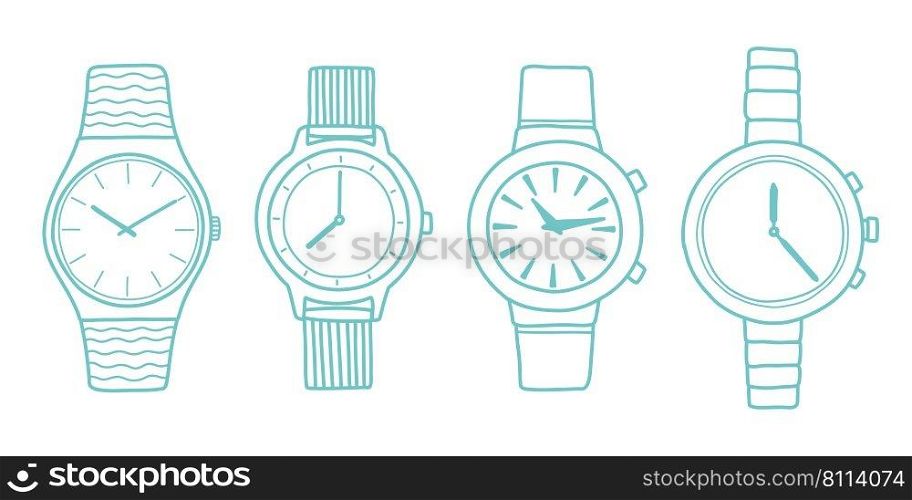 Doodle watch set, blue color vector illustration