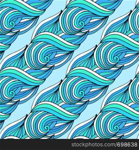 Doodle wavy repeating pattern. Blue waves vector tropical background. For textile or packaging design. Doodle wavy repeating pattern. Blue waves vector tropical background. For textile or packaging design.