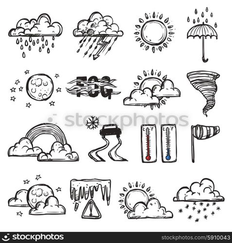 Doodle weather set with forecast and nature icons isolated vector illustration. Doodle Weather Set