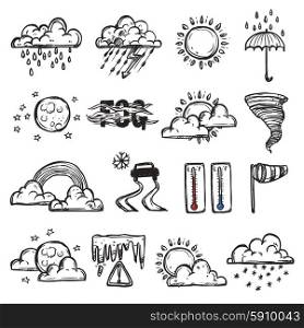 Doodle weather set with forecast and nature icons isolated vector illustration. Doodle Weather Set