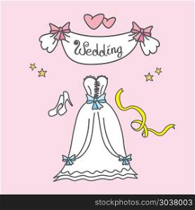 doodle wedding greeting card, hand drawn, vector illustration. Greeting card with a wedding dress, hearts, hand drawing, vector illustration. doodle wedding greeting card, hand drawn, vector illustration