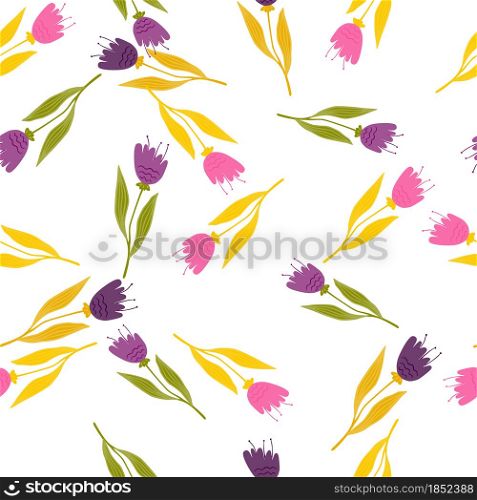 Doodle wildflower seamless pattern on white background. Elegant botanical design. Abstract floral ornament. Nature wallpaper. For fabric, textile print, wrapping, cover. Vector illustration. Doodle wildflower seamless pattern on white background.
