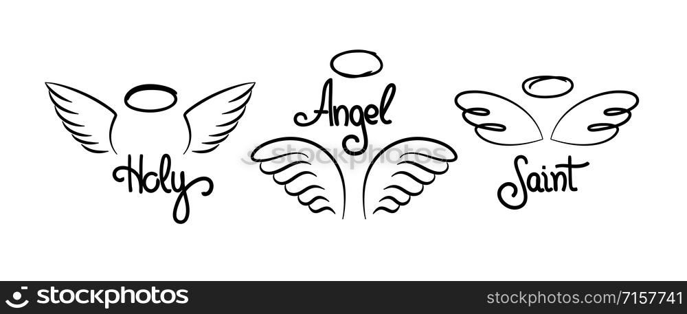 Doodle wings logo. Pair of hand drawn angel wings with decorative text and halo, heavenly religious line emblems. Vector set illustration doodles divine holy symbol on white background. Doodle wings logo. Pair of hand drawn angel wings with decorative text and halo, heavenly religious emblems. Vector set