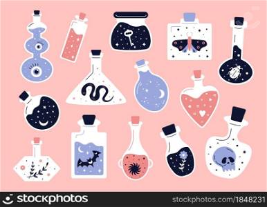 Doodle witchcraft. Love potions and magician occult equipment, cartoon magic shop elements. Vector set symbols alchemy potion wizard. Doodle witchcraft. Love potions and magician occult equipment, cartoon magic shop elements. Vector set