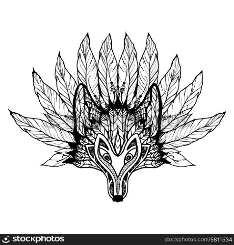 Doodle wolf mask with decorative pattern and feathers vector illustration. Doodle Wolf Mask
