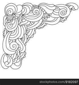 Doodle zen corner with curls and wavy motifs, outline frame coloring book page with ornate patterns vector illustration