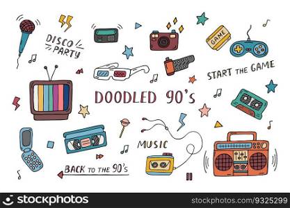 Doodled 90s vector set. Collection of retro electronics and things from 1990s. Funny doodles. Trendy colored vintage design elements on white background. Hand drawn illustration.. Doodled 90s vector set. Collection of retro electronics and things from 1990s. Funny doodles. Trendy colored vintage design elements on white background. Hand drawn illustration