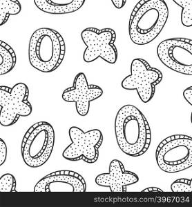 Doodled seamless vector pattern from crosses and rings. Endless vector background tic-tac-toe theme. Hand drawn abstract pattern