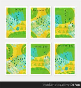 Doodled triangles on yellow green.Hand drawn creative invitation greeting cards.Poster placard flayer design templates. Anniversary Birthday wedding party cards.Isolated on layer.