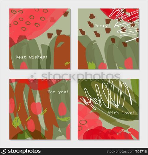 Doodles and scribbled brown red green.Hand drawn creative invitation greeting cards. Poster, placard, flayer, design templates. Anniversary, Birthday, wedding, party cards set of 4. Isolated on layer.