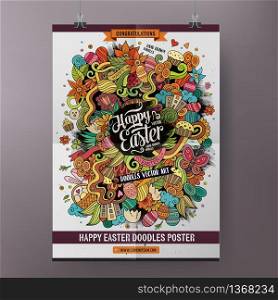 Doodles cartoon colorful Happy Easter hand drawn illustration. Vector template poster design. Corporate Identity vector templates set with doodles easter theme