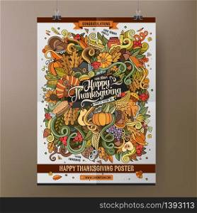 Doodles cartoon colorful Happy Thanksgiving hand drawn illustration. Vector template poster design