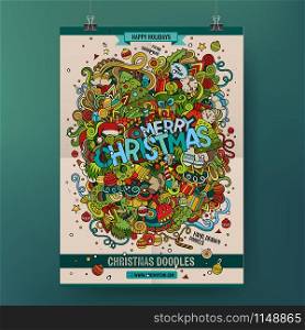 Doodles cartoon colorful Merry Christmas hand drawn illustration. Vector template poster design. Doodles cartoon colorful Merry Christmas hand drawn illustration