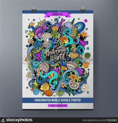 Doodles cartoon colorful Underwater world hand drawn illustration. Vector template poster design. Doodles cartoon colorful Underwater world poster