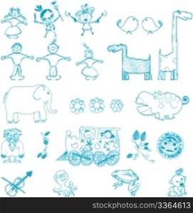 Doodles, cartoon outlines characters over white background, easy to edit, fill with color.
