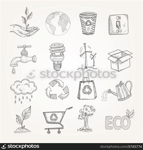 Doodles garbage recycling global conservation ecology icons set isolated vector illustration
