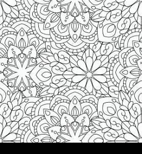 Doodles mandala seamless pattern. Adult coloring page. Black and white florale elements. Repeat pattern background. Hand drawn vector illustration.. Doodles Mandalas Seamless Pattern Background