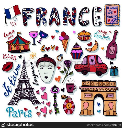 Doodles set of France - Eiffel tower, Triumphal arch and other culture elements. Vector collection.. Doodles set of France - Eiffel tower, Triumphal arch and other culture elements. Vector collection