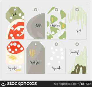 Doodles triangle dots marks light gray green tag set.Creative universal gift tags.Hand drawn textures.Ethic tribal design.Ready to print sale labels Isolated on layer.