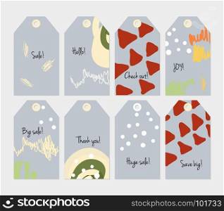 Doodles triangle dots marks light red gray tag set.Creative universal gift tags.Hand drawn textures.Ethic tribal design.Ready to print sale labels Isolated on layer.