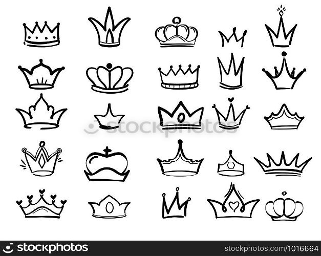 Doodling crown. Ink hand drawn symbols of king elegant imperial monarch vector ink art. Princess crown and king elements illustration. Doodling crown. Ink hand drawn symbols of king elegant imperial monarch vector ink art