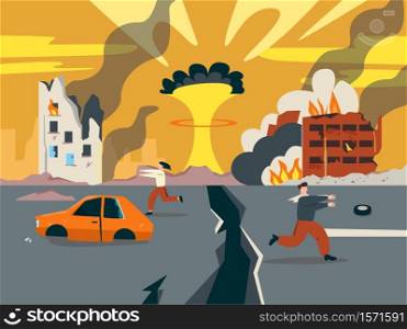 Doomsday in ruined city illustration. Last days of apocalypse nuclear explosion with split city road and people scattering in panic ruins of buildings and burning vector debris.. Doomsday in ruined city illustration. Last days of apocalypse nuclear explosion with split city road.