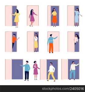 Door and people. Male and female persons standing opening door from living room interior exit office reception recent vector characters. Illustration of character person open room door. Door and people. Male and female persons standing opening door from living room interior exit office reception recent vector characters