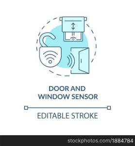 Door and window sensor blue concept icon. Sensor security system abstract idea thin line illustration. Device monitors if door is opened, closed. Vector isolated outline color drawing. Editable stroke. Door and window sensor blue concept icon