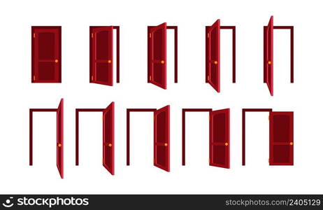 Door animation. Open and closed office doors wooden and steel frames home sequence set garish vector templates set. Closed door animation, wooden entrance illustration. Door animation. Open and closed office doors wooden and steel frames home sequence set garish vector templates set