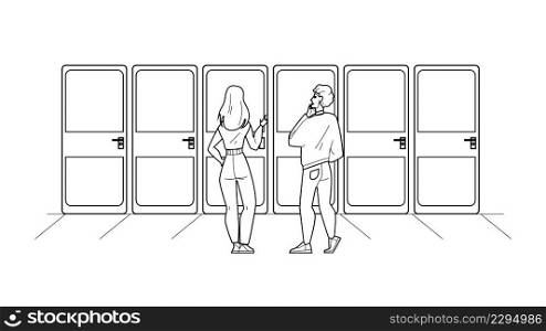 Door Decision Young Man And Woman Couple Black Line Pencil Drawing Vector. Boy And Girl Choosing Door Togetherness. Characters Think And Choose Direction Or Problem Solution Together Illustration. Door Decision Young Man And Woman Couple Vector