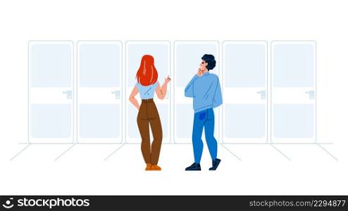 Door Decision Young Man And Woman Couple Vector. Boy And Girl Choosing Door Togetherness. Characters Think And Choose Direction Or Problem Solution Together Flat Cartoon Illustration. Door Decision Young Man And Woman Couple Vector