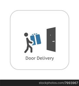 Door Delivery Icon with Man and Box. Isolated Illustration.. Door Delivery Icon. Flat Design.