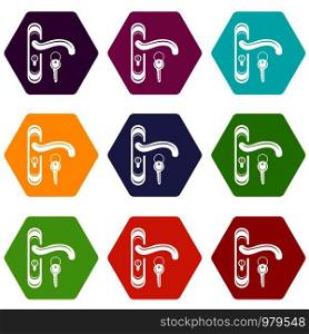Door handle and key icons 9 set coloful isolated on white for web. Door handle and key icons set 9 vector