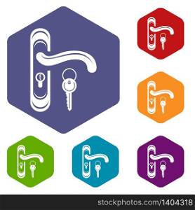 Door handle and key icons vector colorful hexahedron set collection isolated on white. Door handle and key icons vector hexahedron