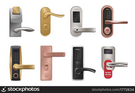 Door handle. Realistic entry knob and lock with PIN code, biometry and NFC key. Isolated home metallic doorways furniture. Hotel door-handles with do not disturb label. Vector interior elements set. Door handle. Realistic knob and lock with PIN code, biometry and NFC key. Home metallic doorways furniture. Hotel door-handles with do not disturb label. Vector interior elements set