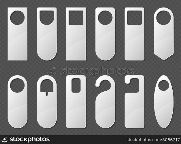 Door hangers mockup set. Blank paper or plastic empty labels of various shapes for hotel doorknob room, dont disturb signs, messages on entrance knobs, Realistic 3d vector illustration, icons, mock up. Door hangers mockup, paper or plastic labels set