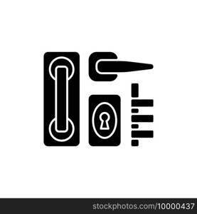 Door hardware black glyph icon. Locks and levers. Latch mechanism. Installation in windows and balcony doors. Residential doorknobs. Silhouette symbol on white space. Vector isolated illustration. Door hardware black glyph icon