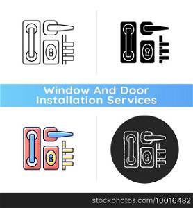 Door hardware icon. Locks and levers. Latch mechanism. Installation in windows and balcony doors. Keyless entry. Residential doorknobs. Linear black and RGB color styles. Isolated vector illustrations. Door hardware icon
