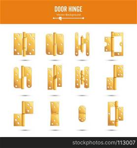 Door Hinge Vector. Set Classic And Industrial Ironmongery Isolated On White Background. Simple Entry Door Metal Hinge Icon. Gold, Brass. Stock Illustration. Door Hinge Vector. Set Classic And Industrial Ironmongery Isolated On White Background. Simple Entry Door Metal Hinge Icon. Gold, Brass. Stock Illustration.