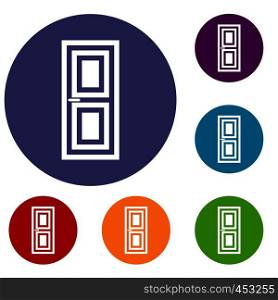 Door icons set in flat circle reb, blue and green color for web. Door icons set