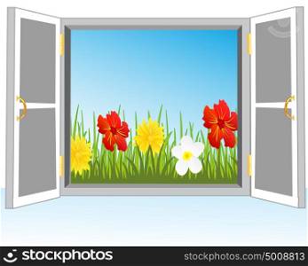 Door in nature. Opened door in nature with herb and flower