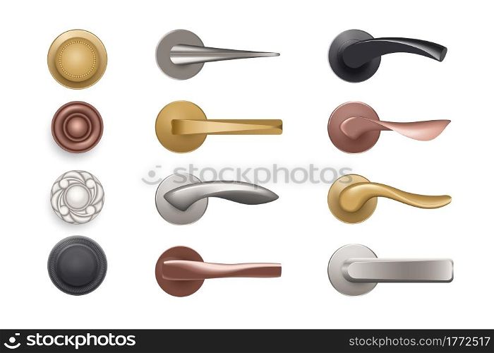 Door knob. Realistic handles. Bronze and golden furniture for doorways. Silver or black decorative interior elements. Isolated objects for entry in room. Vector round door-handles or with lever arms. Door knob. Realistic handles. Bronze and golden furniture for doorways. Silver or black decorative elements. Objects for entry in room. Vector round door-handles or with lever arms