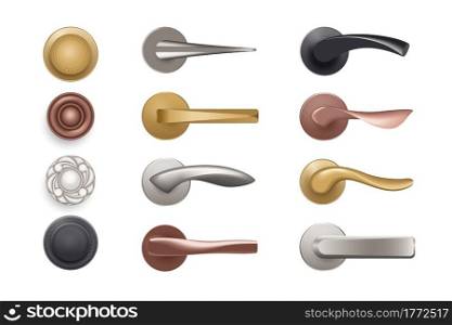 Door knob. Realistic handles. Bronze and golden furniture for doorways. Silver or black decorative interior elements. Isolated objects for entry in room. Vector round door-handles or with lever arms. Door knob. Realistic handles. Bronze and golden furniture for doorways. Silver or black decorative elements. Objects for entry in room. Vector round door-handles or with lever arms