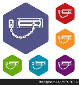 Door latch icons vector colorful hexahedron set collection isolated on white. Door latch icons vector hexahedron