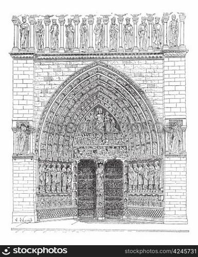 Door, Middle of the front Of Notre-Dame de Paris or Notre Dame Cathedral, vintage engraved illustration. Dictionary of words and things - Larive and Fleury - 1895.